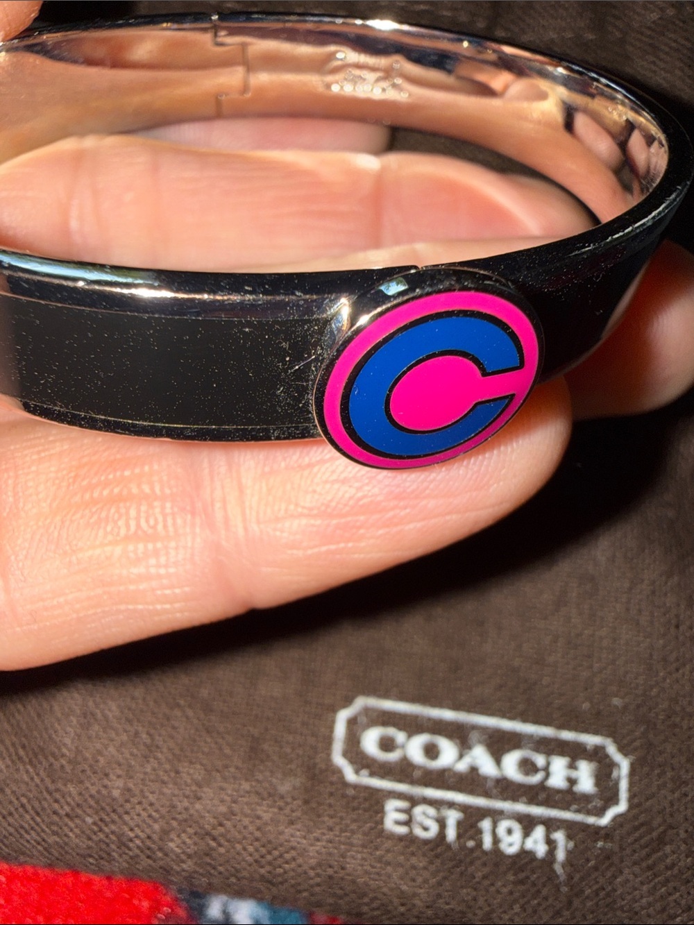 COACH 1941 Silver-Tone C Logo Hinge Cuff Bracelet with Pink & Blue Enamel - Picture 3 of 6